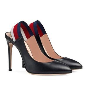 GUCCI Sylvie Web Accent Leather Slingback Pumps Black Size 7.5